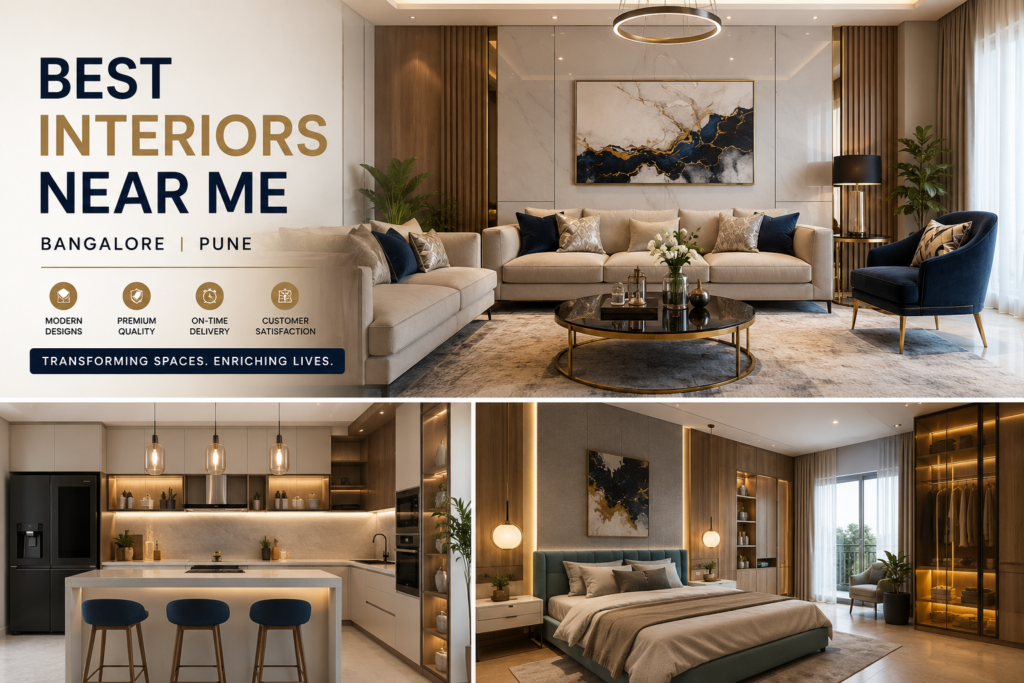 Best interiors near me in Bangalore and Pune featuring modern living room, modular kitchen, and luxury bedroom interior design by professional interior designers.