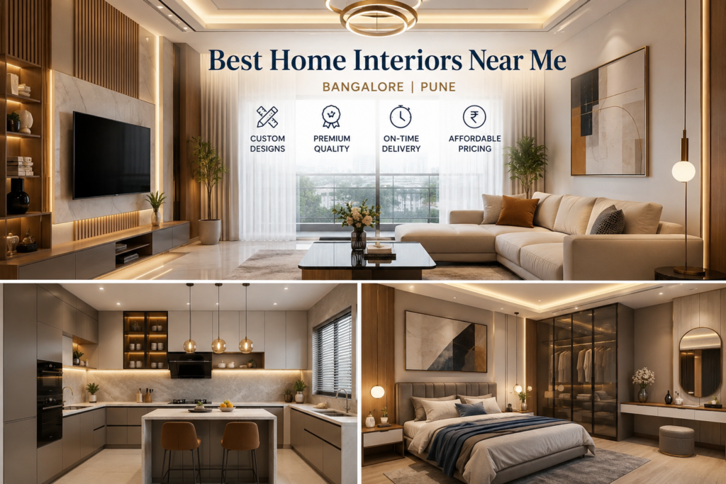Current image: Modern luxury home interior design featuring a stylish living room, modular kitchen, and elegant bedroom for premium home interiors in Bangalore and Pune.