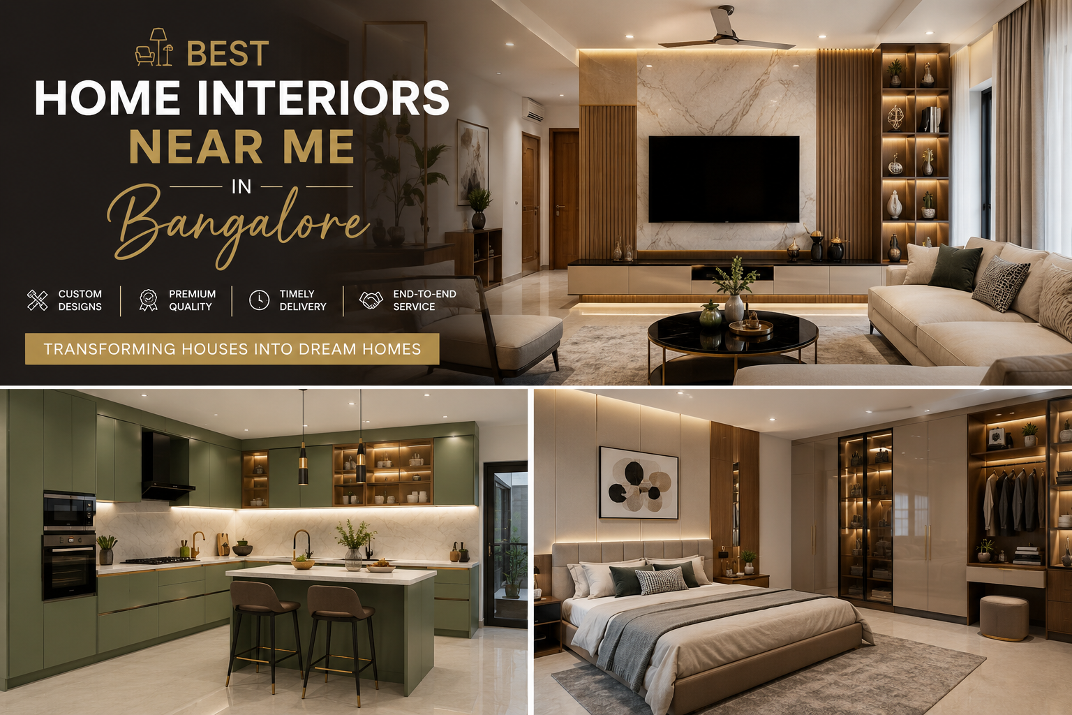 Best home interiors near me in Bangalore featuring luxury living room, modular kitchen, and modern bedroom interior designs