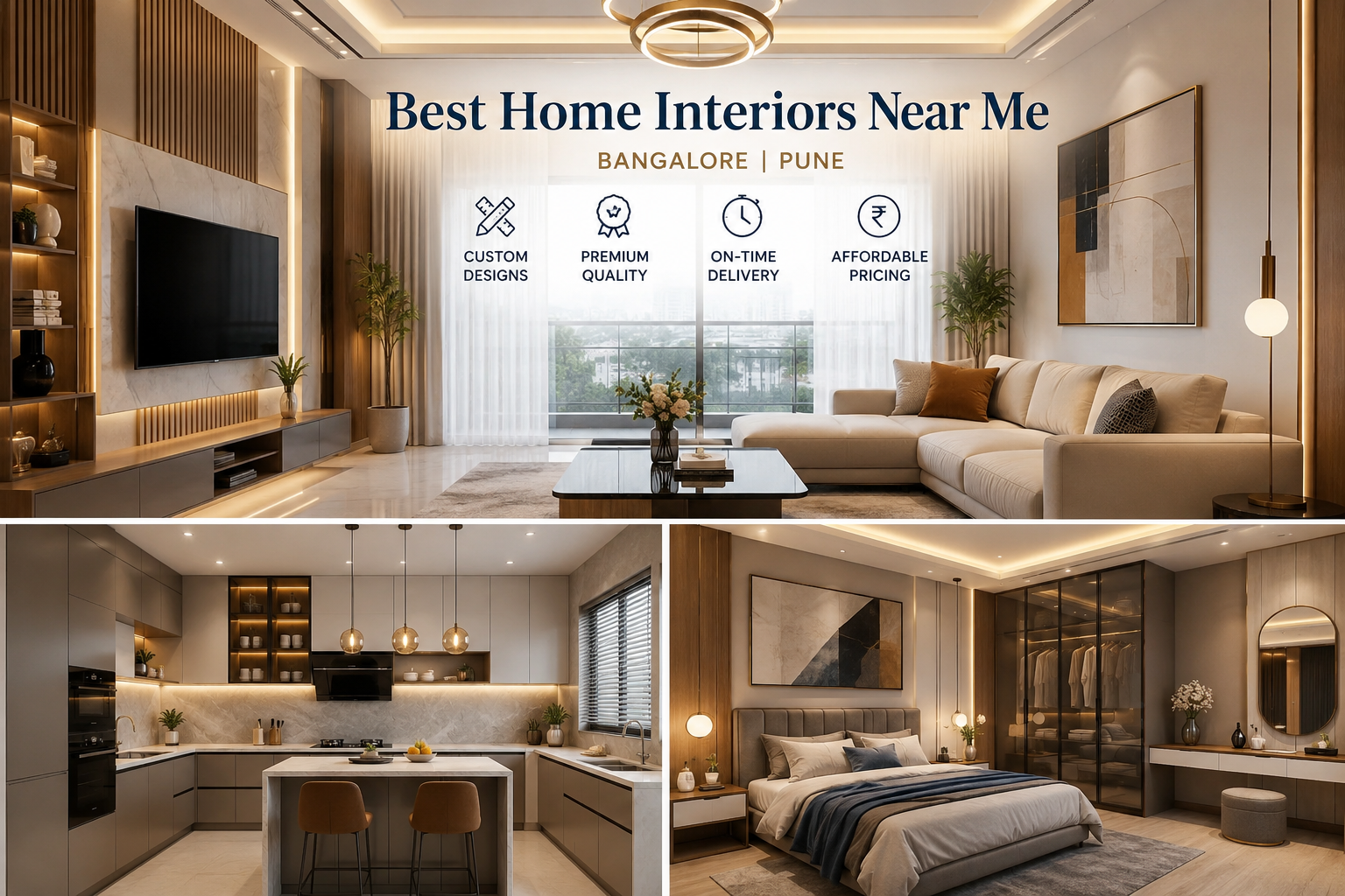Modern luxury home interior design featuring a stylish living room, modular kitchen, and elegant bedroom for premium home interiors in Bangalore and Pune.