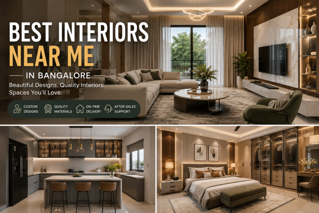 Current image: Luxury modern interior design in Bangalore featuring a premium living room, modular kitchen, and elegant bedroom showcasing contemporary home interiors.