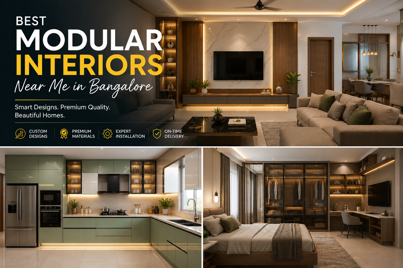 Luxury modular bedroom interior with customized wardrobe design in Bangalore.
