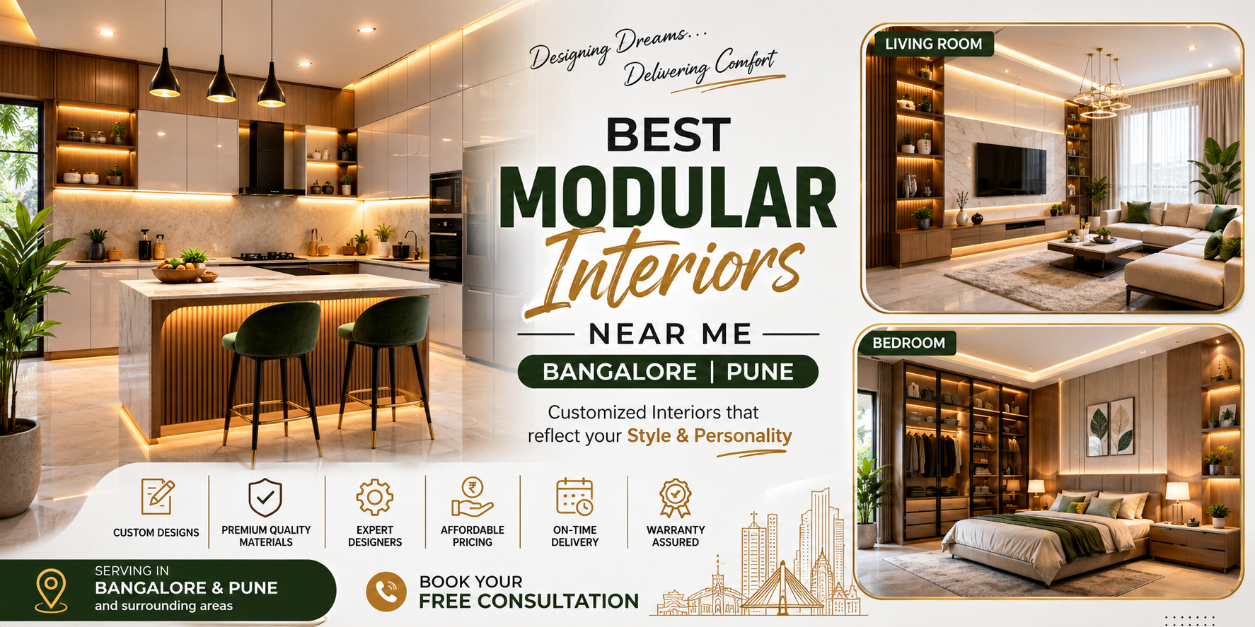 Best modular interiors near me in Bangalore and Pune featuring modern modular kitchen, luxury living room, customized home interiors, and premium interior design solutions.