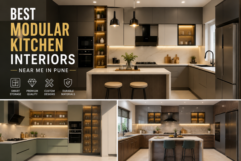 Current image: Best modular kitchen interiors near me in Pune featuring modern kitchen designs, smart storage solutions, premium finishes, and stylish modular layouts.