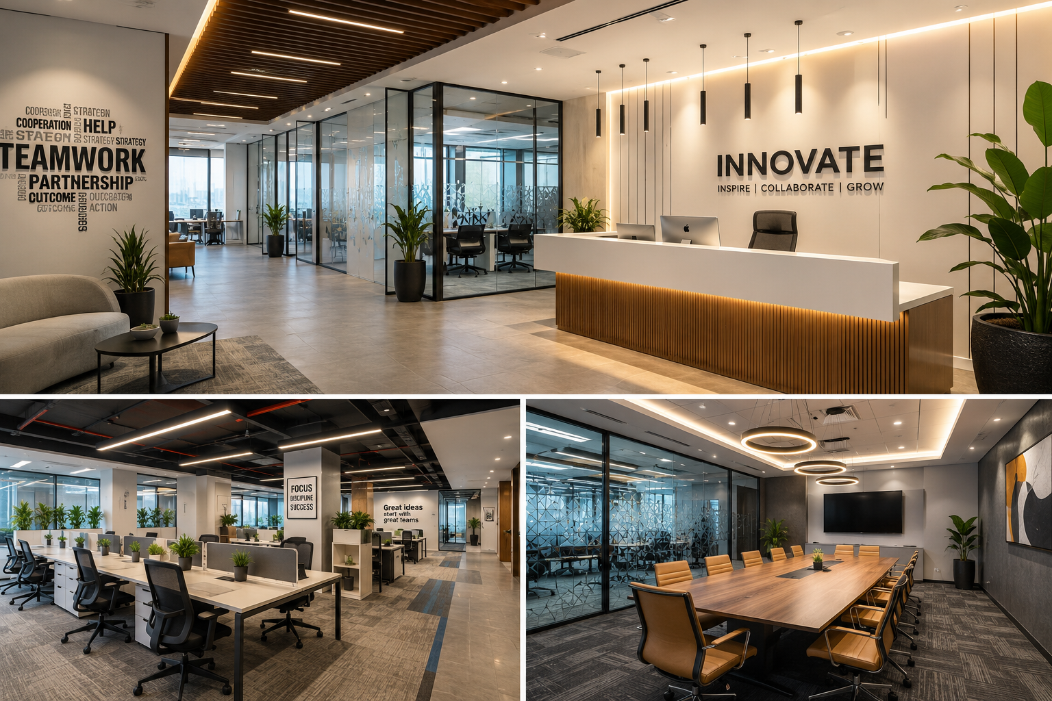 Modern corporate office interior design featuring a premium reception area, open workspace with ergonomic furniture, glass partitions, indoor plants, and a stylish conference room setup in Bangalore.