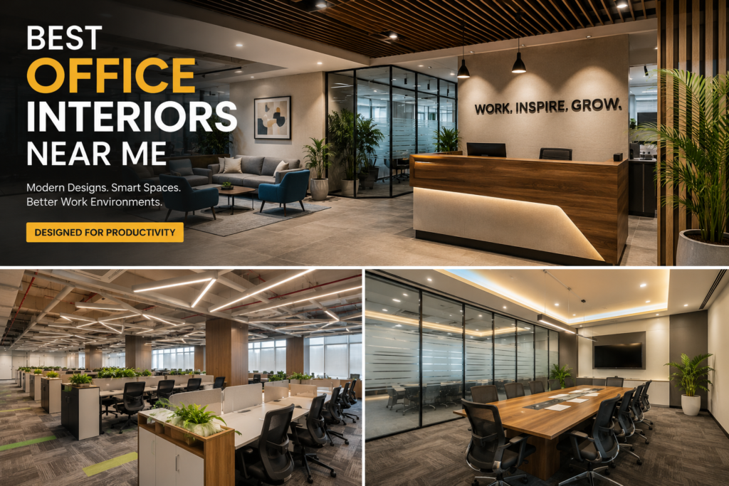 Current image: Best office interiors near me in Bangalore featuring modern workspace design, premium reception area, corporate office interiors, workstations, meeting room, and contemporary office solutions.