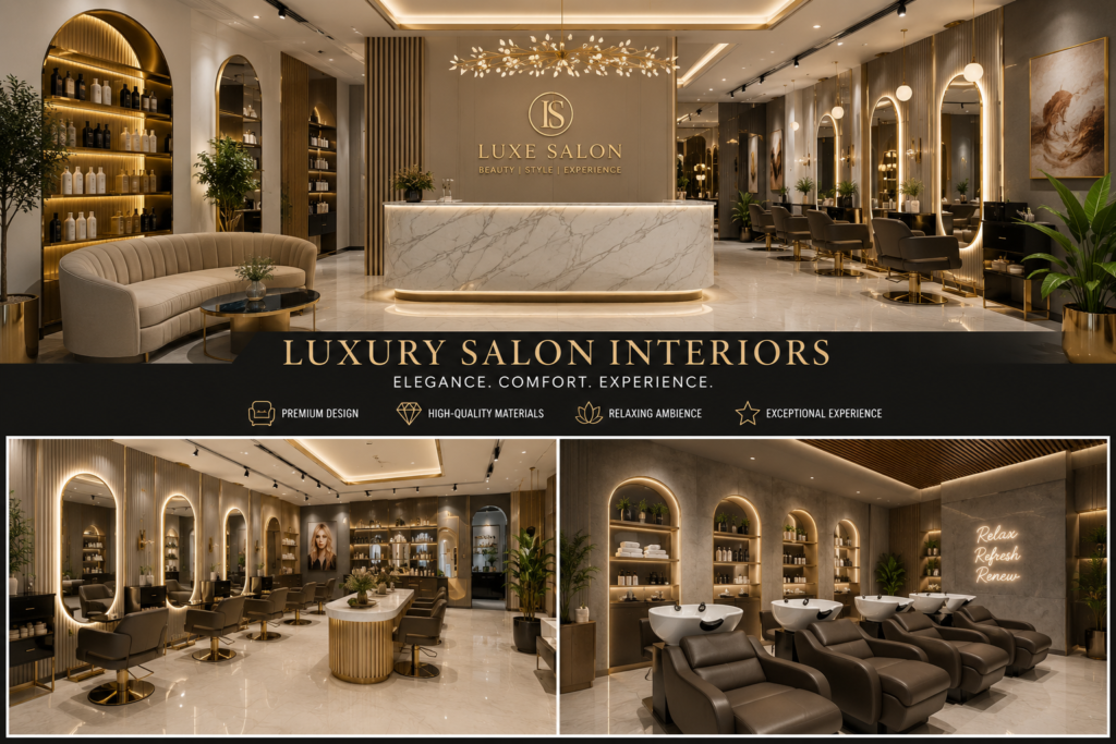 Current image: Luxury salon interiors in Bangalore featuring premium reception area, elegant styling stations, modern salon chairs, and sophisticated beauty salon design.