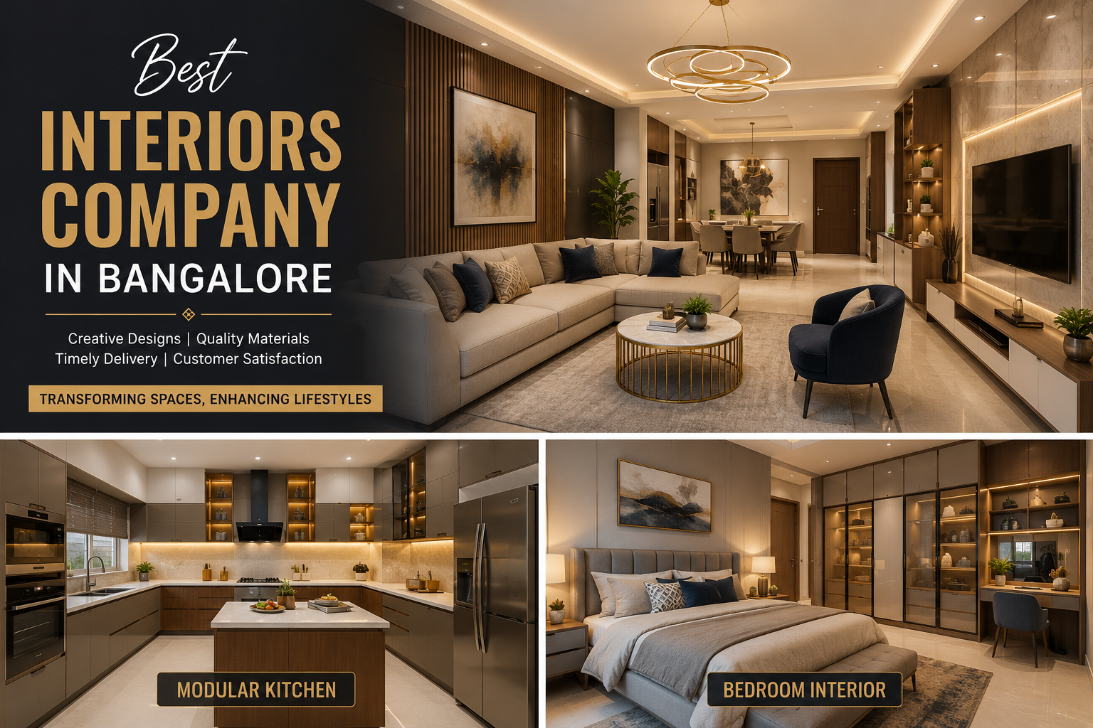 Best interiors company in Bangalore showcasing luxury modern home interior designs with elegant living room, modular kitchen, and bedroom interiors.