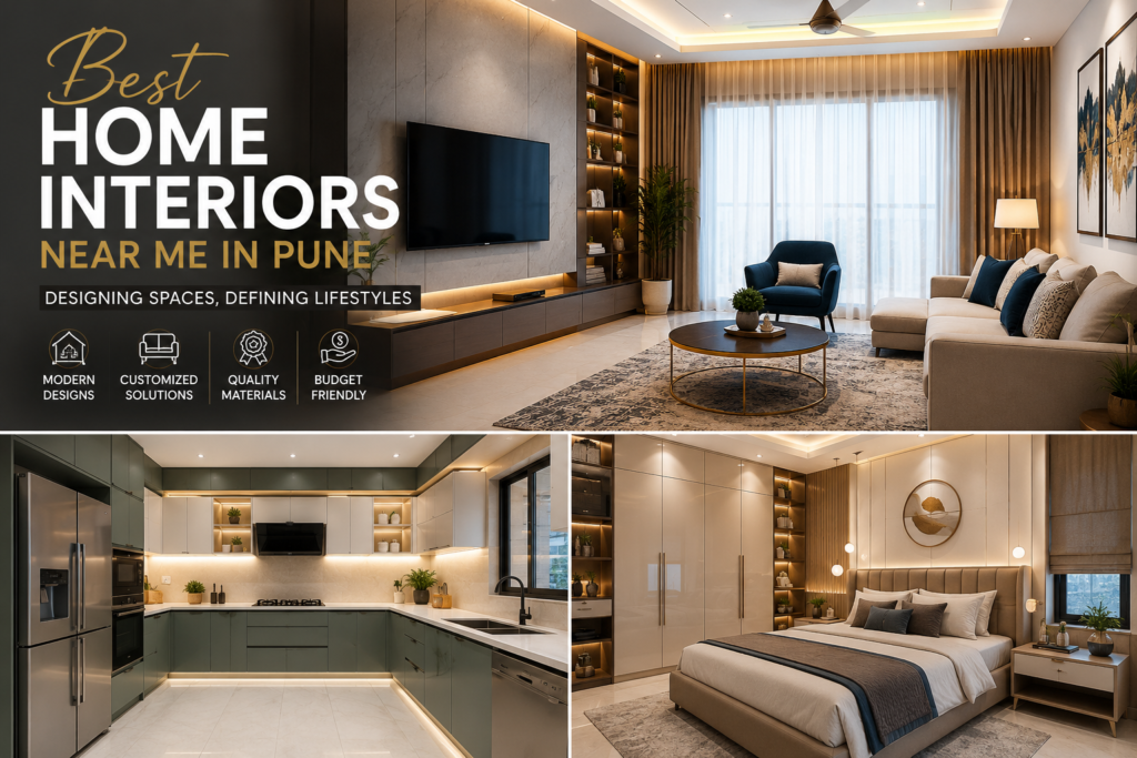 Current image: Best home interiors near me in Pune featuring modern living room design, modular kitchen interiors, and stylish bedroom designs with customized home solutions.