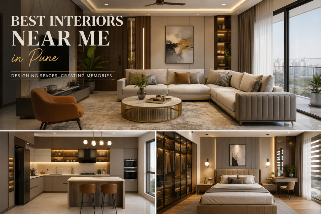 Current image: Modern luxury home interiors in Pune featuring elegant living room, modular kitchen, and stylish bedroom designs by professional interior designers.