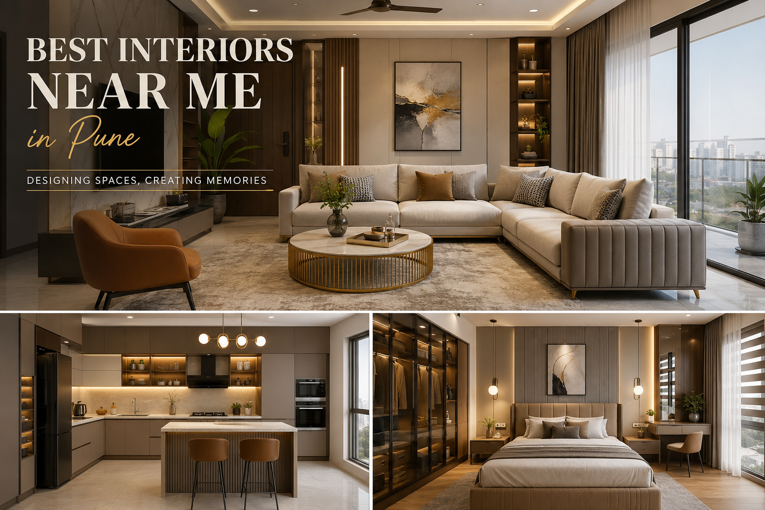 Modern luxury home interiors in Pune featuring elegant living room, modular kitchen, and stylish bedroom designs by professional interior designers.