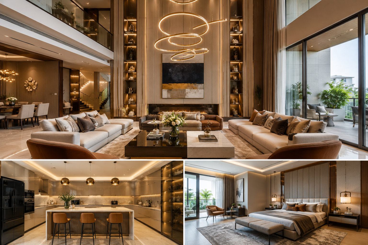Luxury interior design in Bangalore featuring a modern living room, premium kitchen, and elegant bedroom with sophisticated lighting, marble finishes, and contemporary décor.