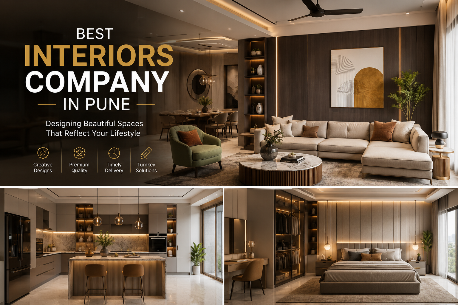 Modern luxury living room designed by the best interiors company in Pune featuring contemporary furniture, elegant lighting, premium finishes, and stylish residential interior design.