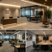 Best office interiors near me in Pune featuring a modern corporate office reception with premium workspace design.