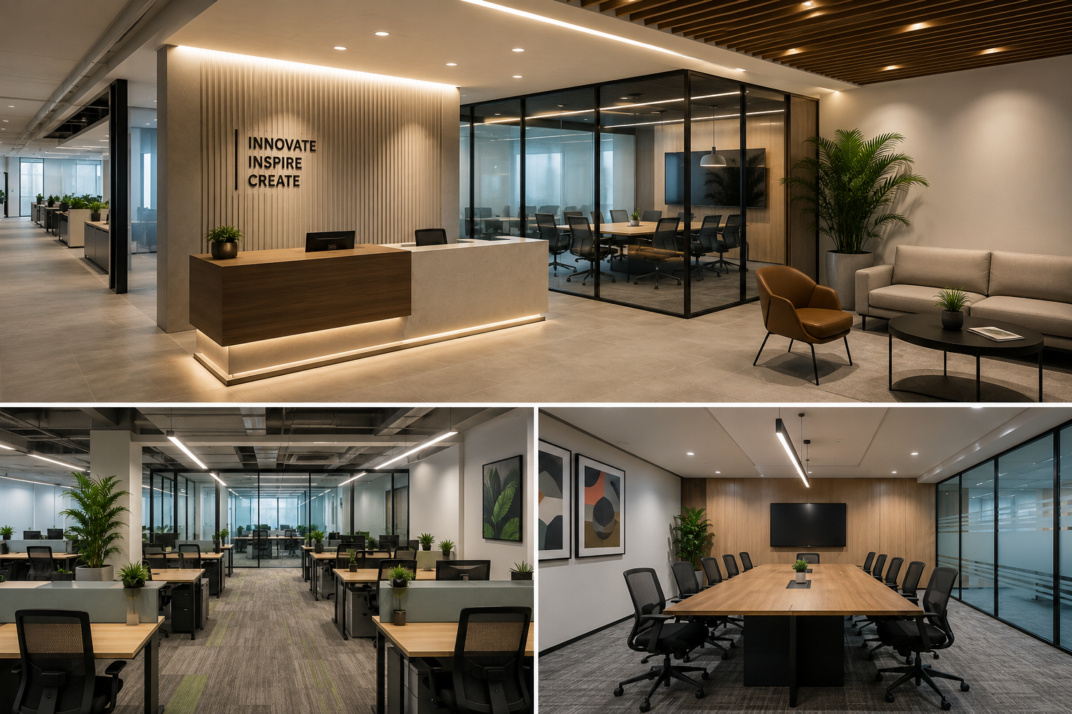 Best office interiors near me in Pune featuring a modern corporate office reception with premium workspace design.