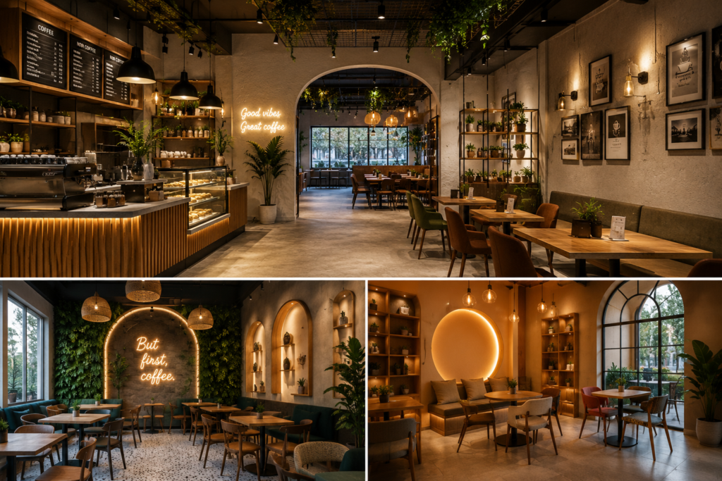 Current image: Modern cafe interiors in Pune featuring contemporary seating, wooden finishes, ambient lighting, and stylish café design.