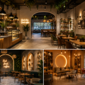 Modern cafe interiors in Pune featuring contemporary seating, wooden finishes, ambient lighting, and stylish café design.
