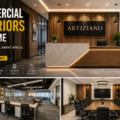 Commercial interiors near me in Pune by Artiziano featuring modern office reception, open workspace, and premium conference room interior design.