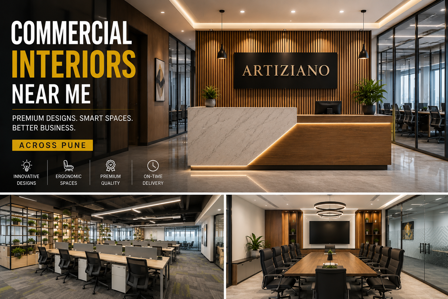 Commercial interiors near me in Pune by Artiziano featuring modern office reception, open workspace, and premium conference room interior design.