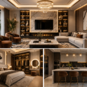 Luxury interiors in Pune featuring a premium living room with marble walls, designer chandelier, custom furniture, and elegant modern décor.