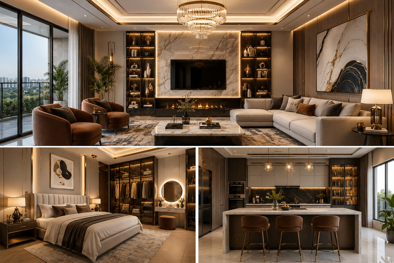 Luxury interiors in Pune featuring a premium living room with marble walls, designer chandelier, custom furniture, and elegant modern décor.