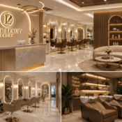 Luxury salon interiors in Pune featuring premium reception, designer styling stations, elegant lighting, and modern beauty salon décor.