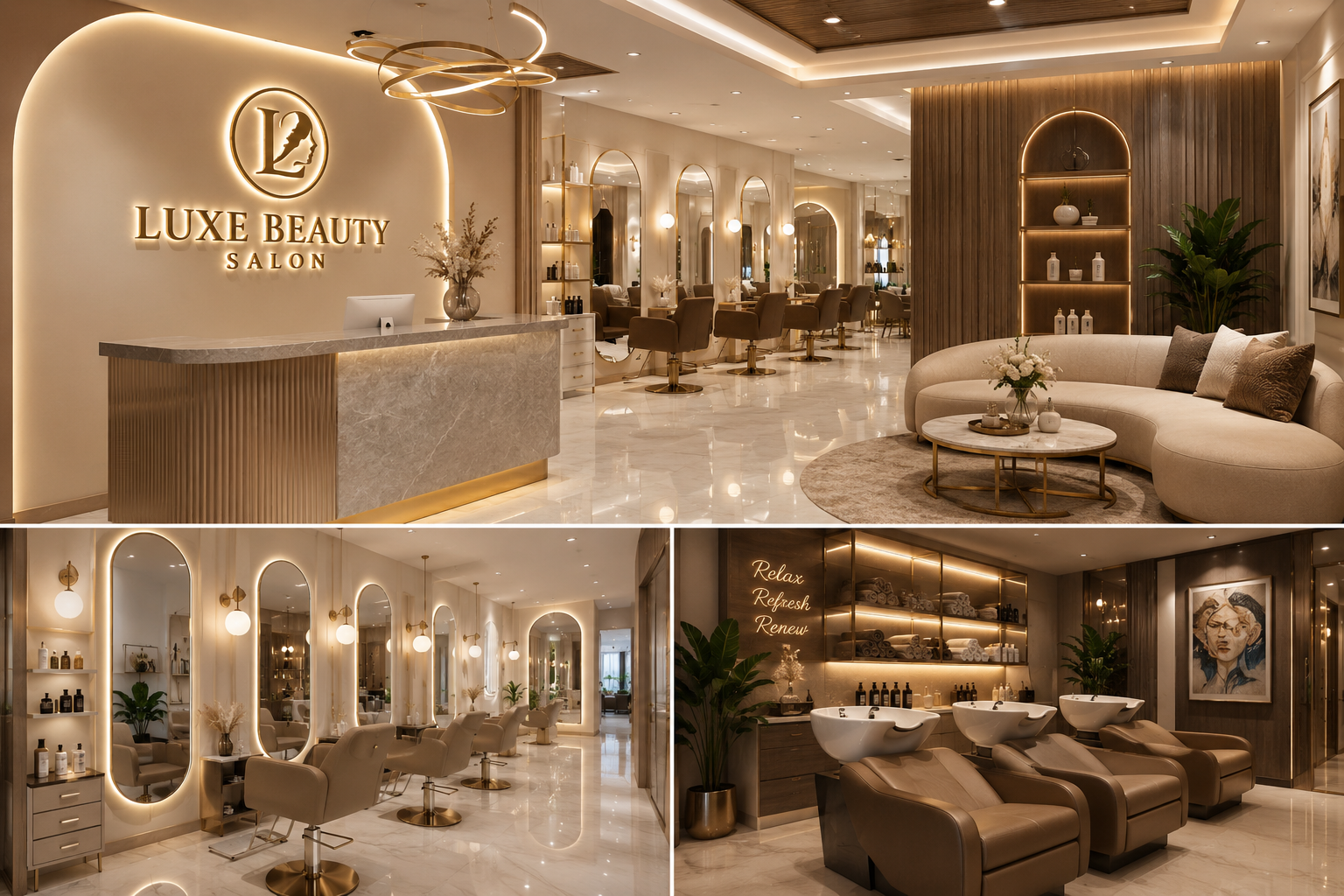 Luxury salon interiors in Pune featuring premium reception, designer styling stations, elegant lighting, and modern beauty salon décor.