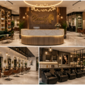 Luxury salon interiors near me in Pune with premium reception, styling stations, and modern beauty salon design.