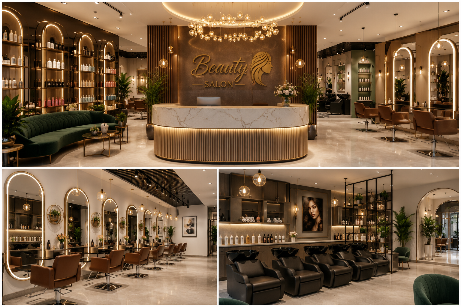 Luxury salon interiors near me in Pune with premium reception, styling stations, and modern beauty salon design.